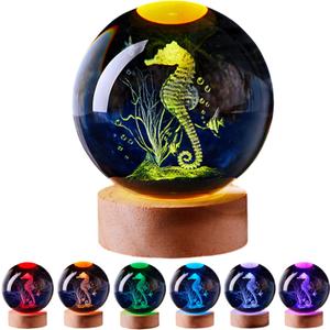 3D Seahorse Crystal Ball Lamp with Remote Control, 3.15 inch Crystal Night Light with Wooden Base 16 Colors Change, Glass Sea horse Figurine Lamp Gift for Girls Boys Wife Girlfriend Mom (Seahorse)