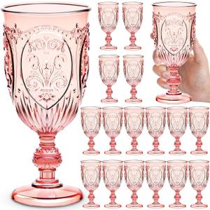 18 Pack Plastic Goblets 10oz Upgrade Vintage Water Goblet Plastic Wine Glasses Colored Retro Embossed Glassware for Party Wine Bar Juice Baby Shower Wedding Reception Grand (Pink)