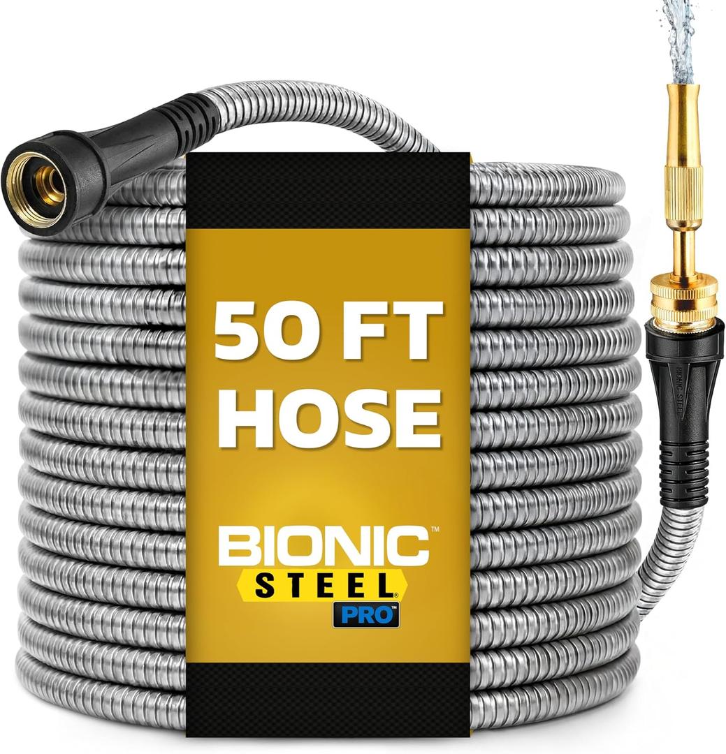 Bionic Steel PRO 50 Ft Metal Garden Hose with Nozzle, Water Hose Made from Heavy Duty 304 Stainless Steel, Flexible, Lightweight, Brass Fittings, Non Kinking, 500 PSI