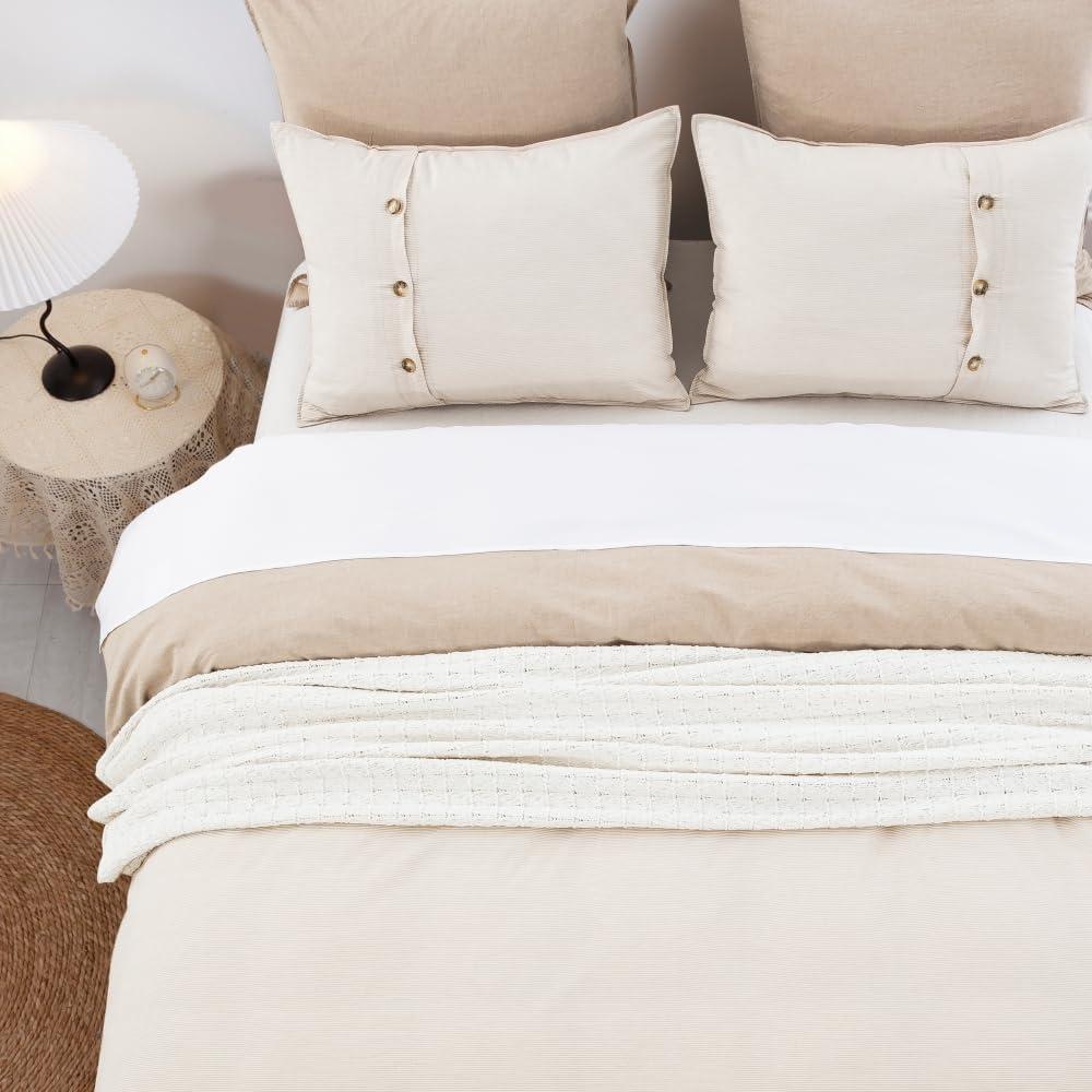 DAUAOTO King Size Duvet Cover Set 104"X90" Zipper Closure, Washed Cotton Bedding Reverse to Yarn-Dyed Stripe, Beige (King 104"X90" + 2 Shams 20"X36", Neutral)