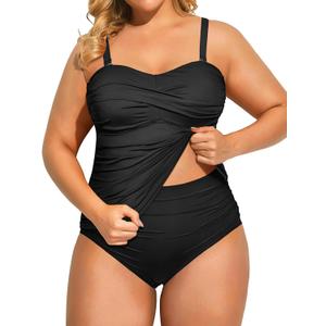 Aqua Eve Women Two Piece Plus Size Tankini Strapless Bathing Suits Bandeau Swimsuits with High Waisted Bottom (Black), 14W