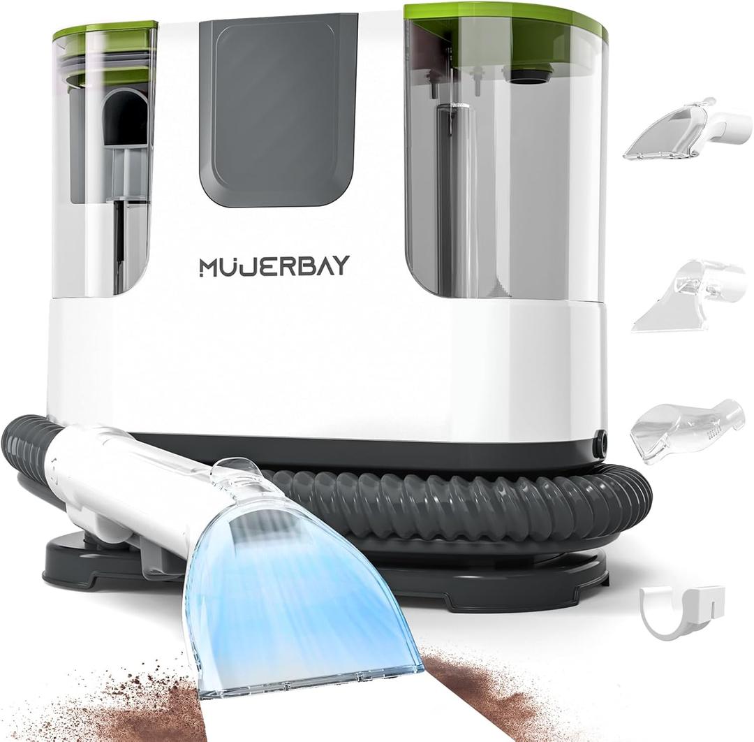 Upholstery Carpet Cleaner, MUJERBAY® 12Kpa Portable Spot and Stain Cleaner, Easy Move with Universal Wheels & Handle, 1.18-inch Deep Cleaning Machine for Couch, Stairs, Car and Pet Messes.Green
