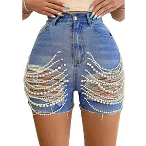Women's Pearls Chain Denim Shorts Ripped Distressed Jean Shorts with Pockets (XX-Large)