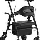 Upright Rollator Walker, Heavy Duty Stand Up Walkers for Seniors with Seat and Reversible Backrest, Foldable Standing Rollator with 8" Anti-Slip PU Wheels, Black