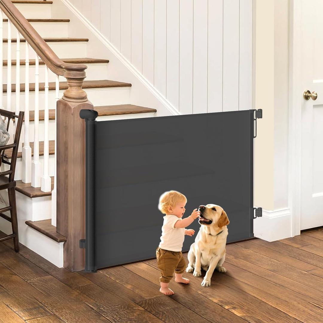Retractable Baby Gate, 55" Wide Mesh Pet Gate with Anti-Crawling Hook, Safety Lock, One-Hand Operation, 34" Tall Baby Gate for Stairs, Doorways, Hallways, Garage, Indoor Outdoor, Black