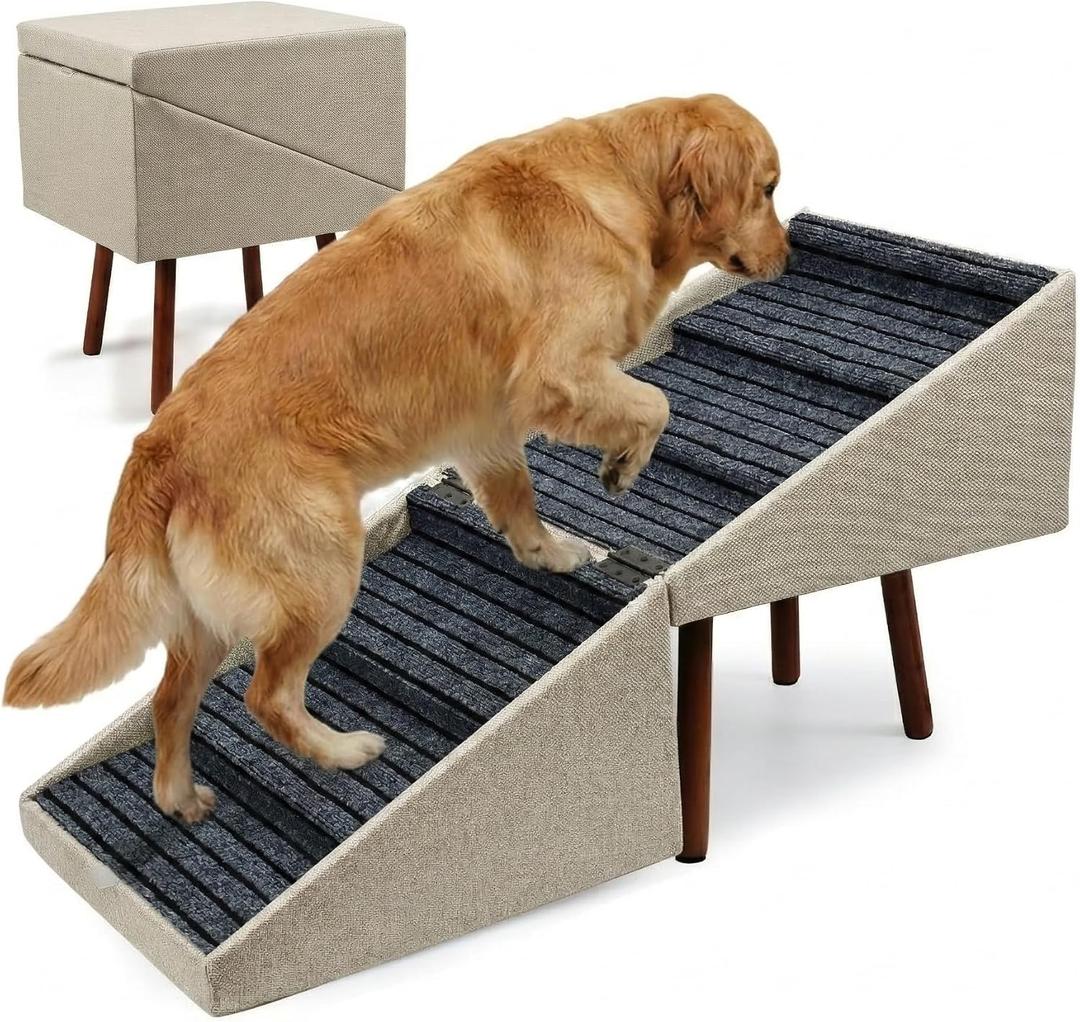 Haven Pet Wood Foldable Ottoman Dog Stairs, for High Beds & Large Dogs, 21.6"H Light Beige
