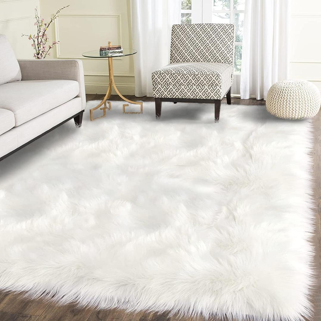 Latepis High Pile Faux Fur Area Rug, 5 x 8 ft, White, Fluffy Rug for Bedroom, Living Room, Playroom, Nursery, 5 x 8 ft Rectangle