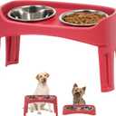 IRIS USA Elevated Dog Bowls Adjustable Stand, Raised Feeding Station with 2 Stainless Steel 64 oz Bowls, Spill Guard, Dual Height 12.25" or 4.63", Made in USA, Red