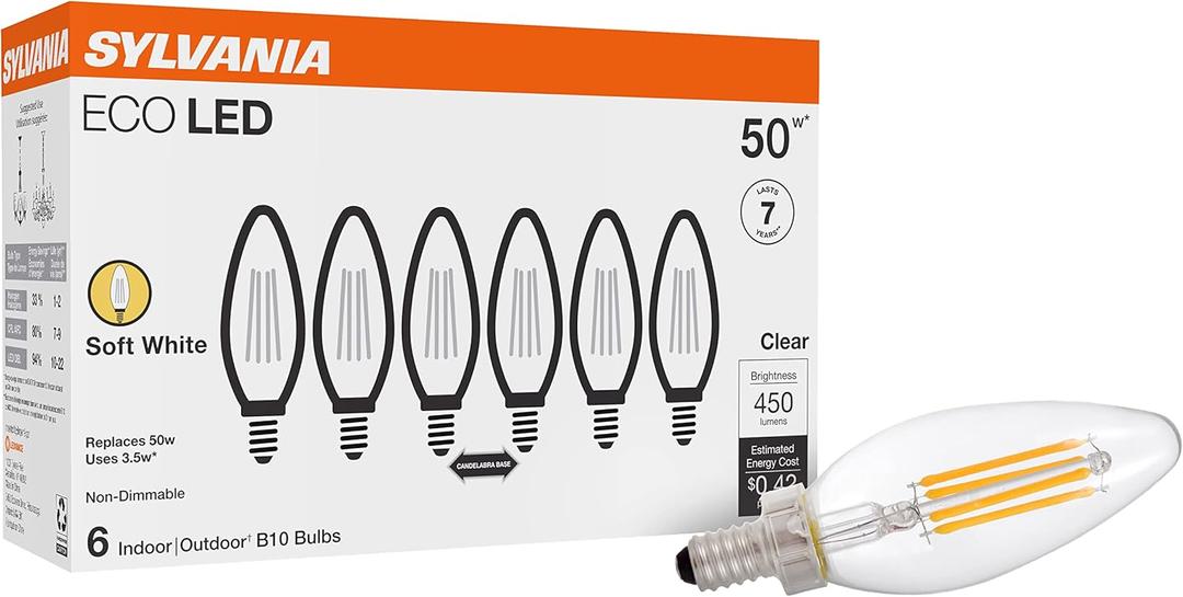 SYLVANIA ECO LED B10 Light Bulb, 50W = 3.5W, 7 Year, 450 Lumens, Non-Dimmable, Clear, 2700K, Soft White - 6 Pack (40879)