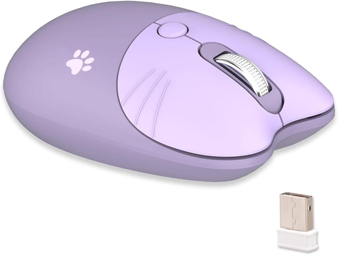 Lomiluskr Cute Cat Wireless Mouse, Lightweight Soundless Mice, 2.4G Wireless Mice, Candy Colors, Kawaii Mouse for Girls and Kids (Purple)