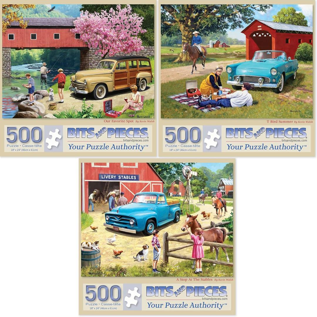 Bits and Pieces  Value Set of 3 Jigsaw Puzzles by Kevin Walsh  300, 500 (18"x24") & 1000 Pieces (20"x27") Varients -Our Favorite Spot, T Bird Summer, A Stop at The Stables