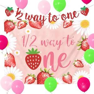 BACH AND BOOZY Strawberry Half Birthday Decorations,Include Its My Half Birthday Backdrop,Strawberry 6 Months Banner and balloons for Girls 6 Months Party Supplies