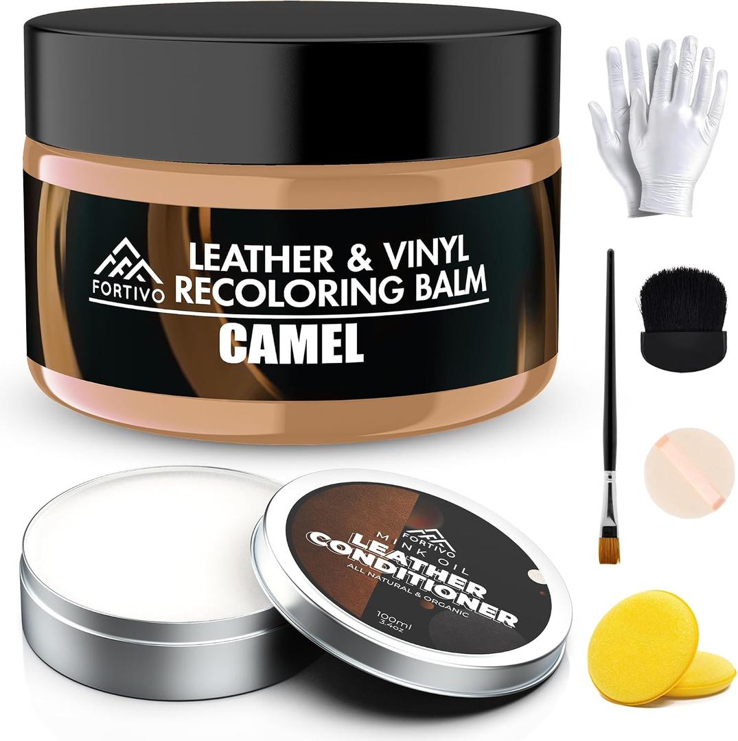 FORTIVO Leather Recoloring Balm with Mink Oil, Couch Repair Kit, Leather Dye and Restorer for Furniture - Camel