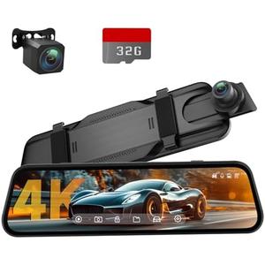 Veement 4K Rear View Mirror Camera, 10'' 4K Mirror Dash Cam with 1080P Backup Camera, Dash Cam Front and Rear for Car with Voice Control, 24H Parking Mode, Night Vision, 32GB SD Card Included