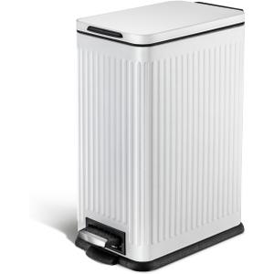 Home Zone Living 4 Gallon Kitchen Trash Can with Slim Fit Design | Stainless Steel with Soft-Close Step Pedal Lid, Bag Tuck Band for Easier Bag Changes, Rectangular Shape, Reeded Style, White