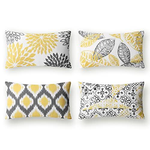 Phantoscope Set of 4 New Living Series Leaf Geometric Throw Decorative Pillow Cover Cushion Cover, Yellow and Grey, 12 x 20 inches, 30 x 50 cm