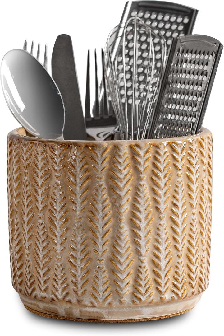 5.3-Inch Ceramic Utensil Crock Utensil Holder Countertop, Embossed Ceramic Storage Canister - with Non-Slip Cork Base, Rustic Farmhouse Multi-Purpose Desktop Organizer, Kitchen Decor(Wheat Brown)