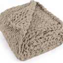 Chunky Knit Throw Blanket 50"X 60", 100% Handmade with Soft Chenille Yarn, 4.4lbs Thick Cable Knitted Blankets, Large Rope Knot Crochet Throws for Couch Sofa Bed Home Decor, Taupe