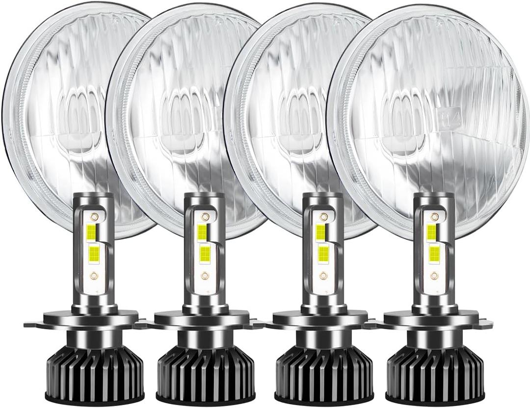 H5006 H5001 5.75 Inch Glass Round LED Headlight Housing + H4/9003 High Low Dual Beam Light Bulbs,Sealed Beam Style,Original Classic Look