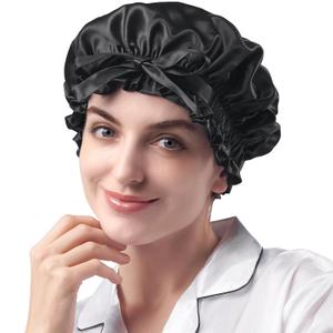 YFONG Double Layered 100% Mulberry Silk Bonnet for Sleeping Women, 22 Momme 6A Luxury Silk Sleep Cap with Elastic Band & Tie, Natural Night Wrap for Hair Care Short Long Curly Hair, Black