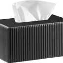 Fanousy Large Tissue Box Cover Rectangular with Bottom Belt, Fits 230-Count Kleenex, Modern PU Leather Facial Tissue Dispenser Holder for Bathroom Vanity, Nightstand, Bedroom, Office, Home Decor (Plus, Black)