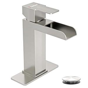 DAYONE Bathroom Sink Faucet Single Handle, One Hole Bathroom Faucet with Pop Up Drain Stopper, Includes Optional 6" Deckplate 1 Hole Stainless Steel Basin Mixer Tap Brushed Nickel