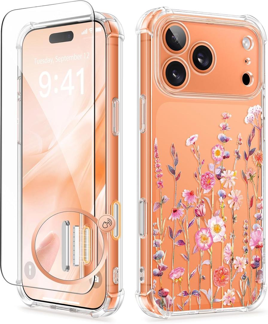GVIEWIN for iPhone 17 Pro Case with Screen Protector, Upgraded [Full Camera Protection] [Non Yellowing] Floral Slim Shockproof Clear Women Phone Cover for iPhone 17 Pro 6.3" (Floratopia/Colorful)