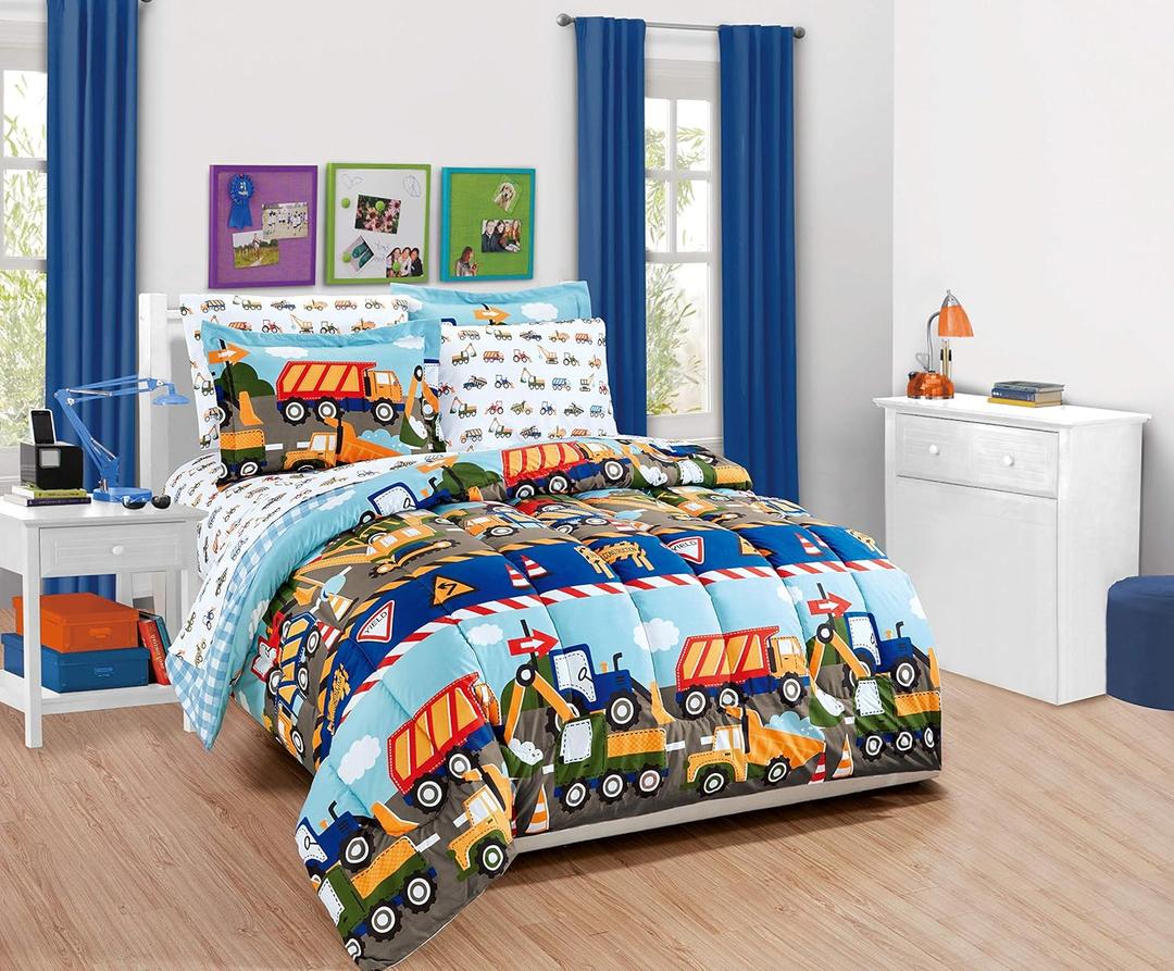 Fancy Linen Boys Comforter and Sheet Set Construction Zone Public Work Excavator Dump Trucks Front and Backhoe Loader Tractors Light Blue Red Yellow Dark Blue New # Construction (Full)