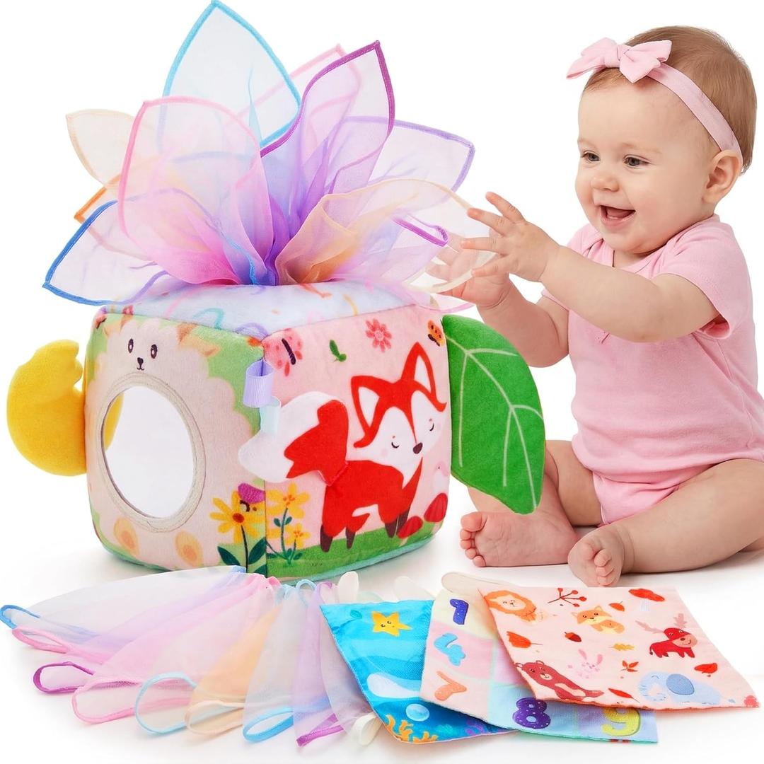 Baby Tissue Box Toy, Montessori Sensory Toy for Babies 612 Months, Infant Early Learning Toy with Mirror, Textured Tails & Squeaky Sounds, Baby Gift for Boys & Girls