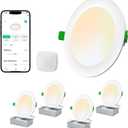 LEPOWER-TEC Recessed LED Can Lights 6 Inch, Smart Wi-Fi Connect White LED Ceiling Light, Adjustable 2700K-6500K Downlight with Junction Box, APP & Voice Control, 1100 Lumens, 4 Pack