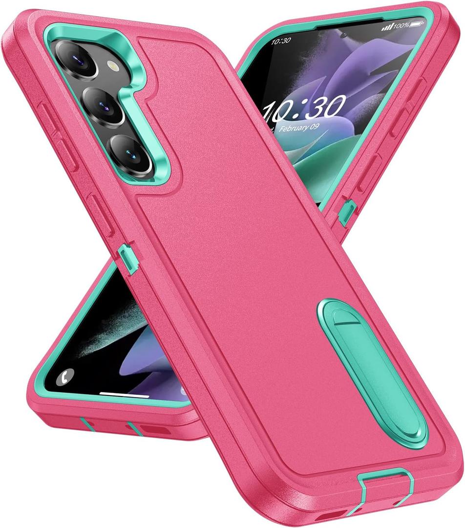 for Samsung Galaxy S23 Plus Case with Kickstand Case 3-Layer Military Grade Protective Case Cover Silicone Rugged Shockproof for Galaxy S23 Plus S23+ Phone Case (Rose Red+Cyan)