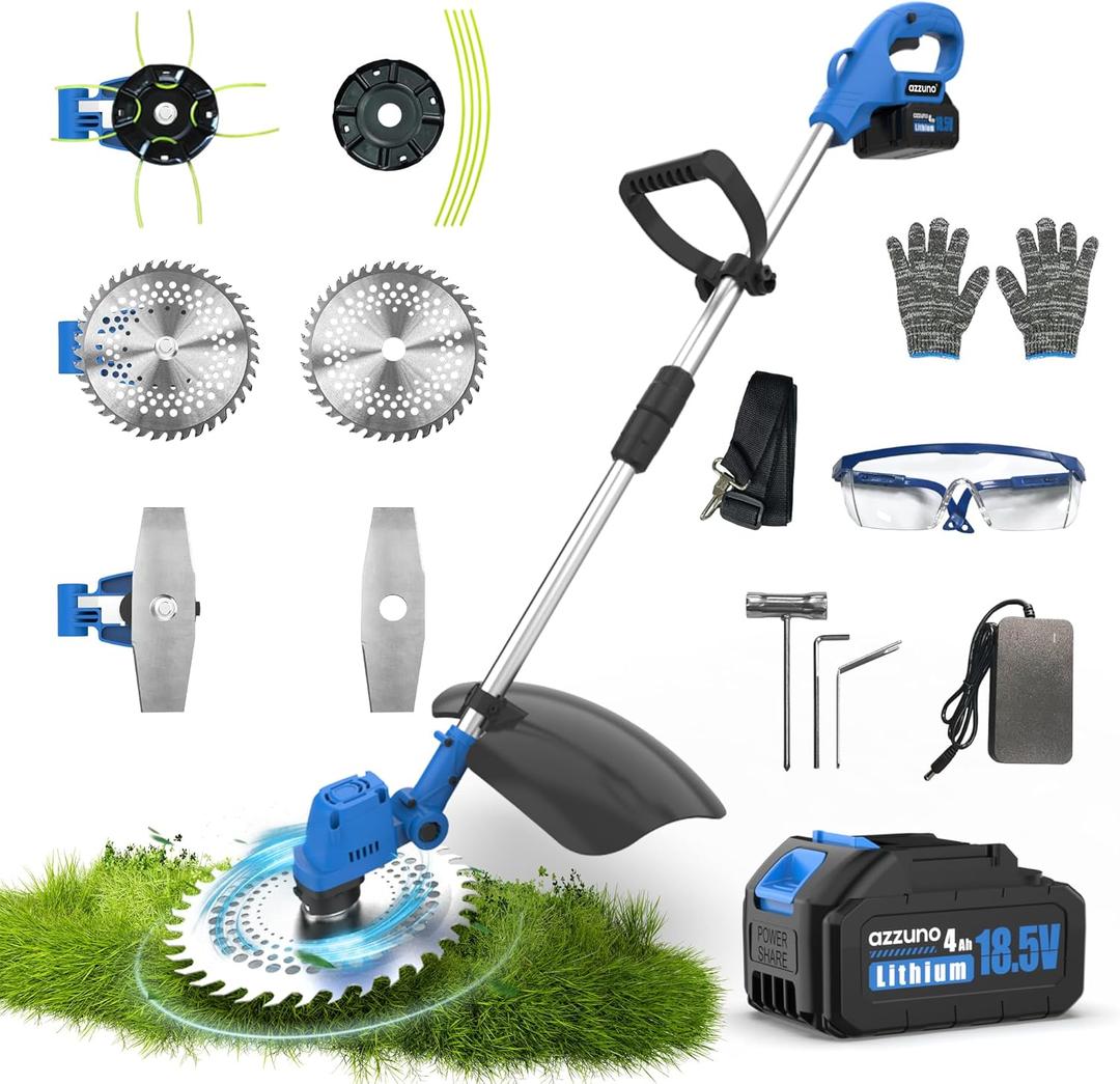 AZZUNO 21V 12-inch Brushless Weed Wacker Cordless Grass Eater Electric Lawn String Trimmer, Lightweight Brush Cutter 4.0Ah Battery Powered with Charger and Blades for Garden Yard (Blue)