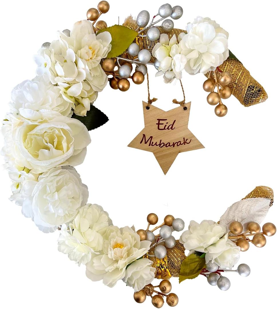 Eid Ramadan Mubarak Wreaths Ramadan Decorations 12.59 Inches for Muslim Home Front Door Eid Decor Round Metal Hoop Floral Hanging Garland for Islam Wall Window Indoors Outdoor Farmhouse Decor