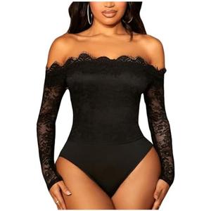 WDIRARA Women's Off Shoulder Floral Lace Bodysuit Mesh Long Sleeve Leotard Top Large