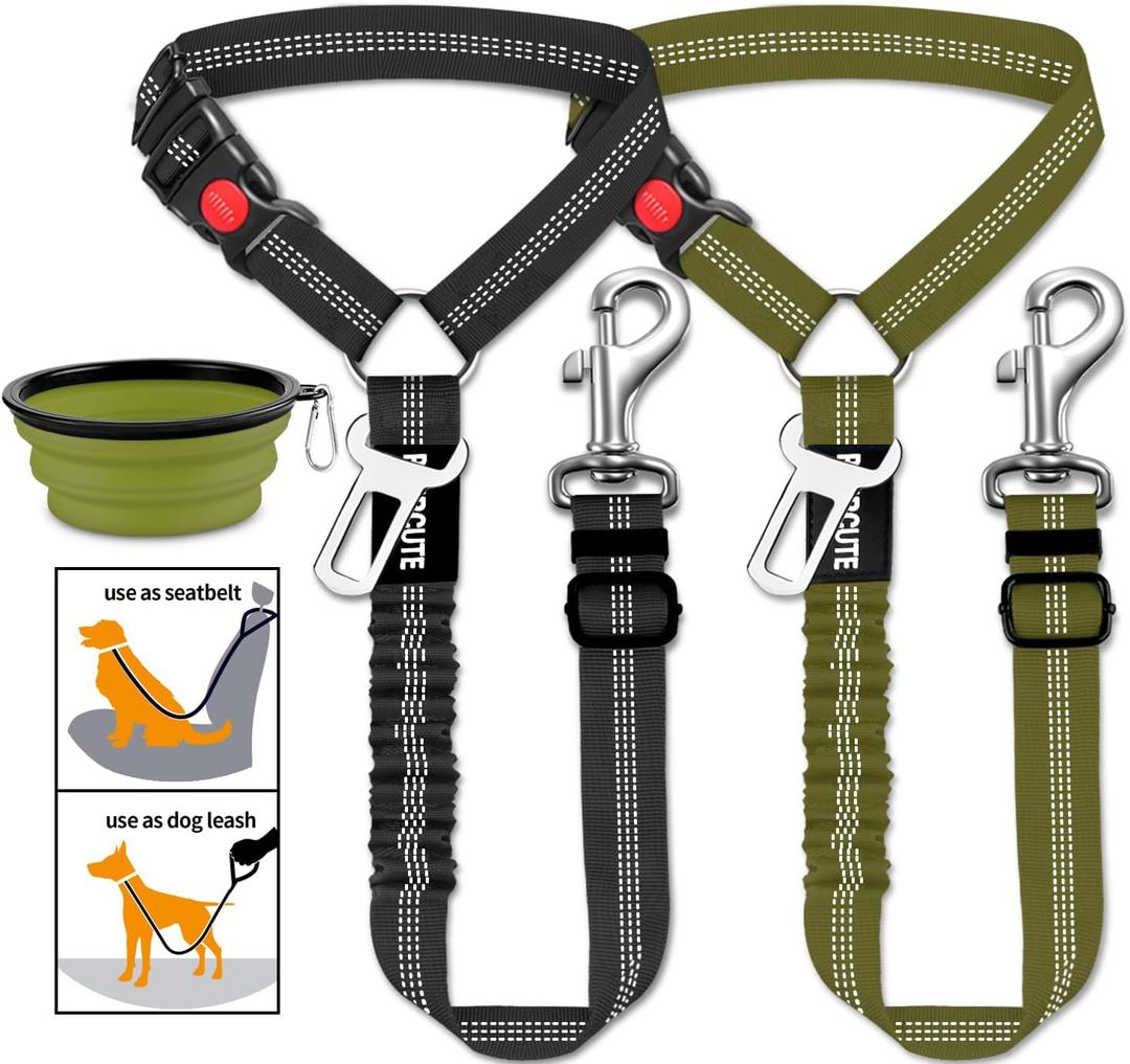 3 Piece Set Dog Seat Belt Retractable Dog Car Seatbelts Adjustable Pet Seat Belt for Vehicle Headrest Restraint Adjustable Heavy Duty & Elastic & Durable Car Harness for Dogs (09-Black+Olive)