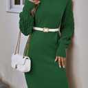 HUUSA Winter Dresses for Women 2025 Fall Puff Long Sleeve Sweaters Loose Mock Neck Outfits Sexy Mini Dress Going Out (Green, M)