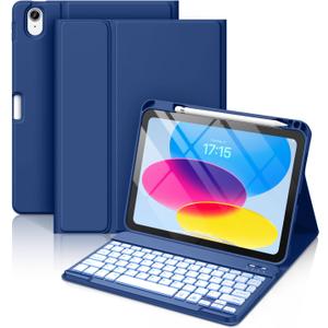 Hamile for iPad 11th 10th Generation Case with Keyboard - 7 Colors Backlit Wireless Detachable Folio Keyboard Cover with Pencil Holder for iPad A16 11-inch 2025 10th Gen 10.9 Inch 2022 (Navy Blue)