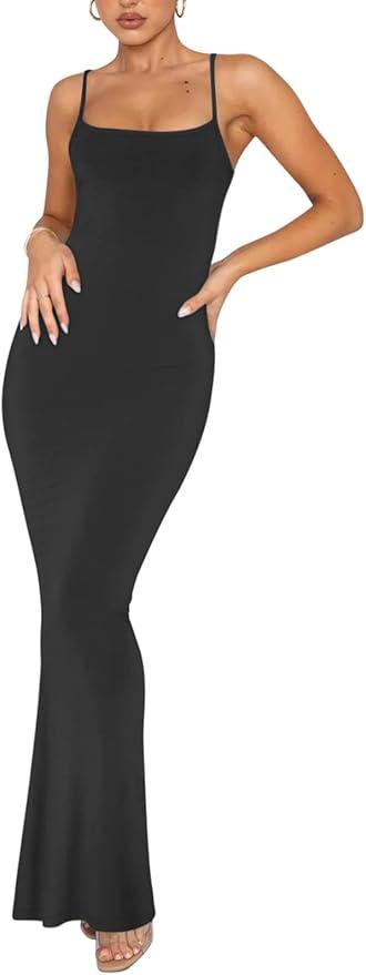REORIA Women's Basic Sexy Lounge Slip Long Dress Elegant Sleeveless Backless Ribbed Bodycon Maxi Dresses,  L