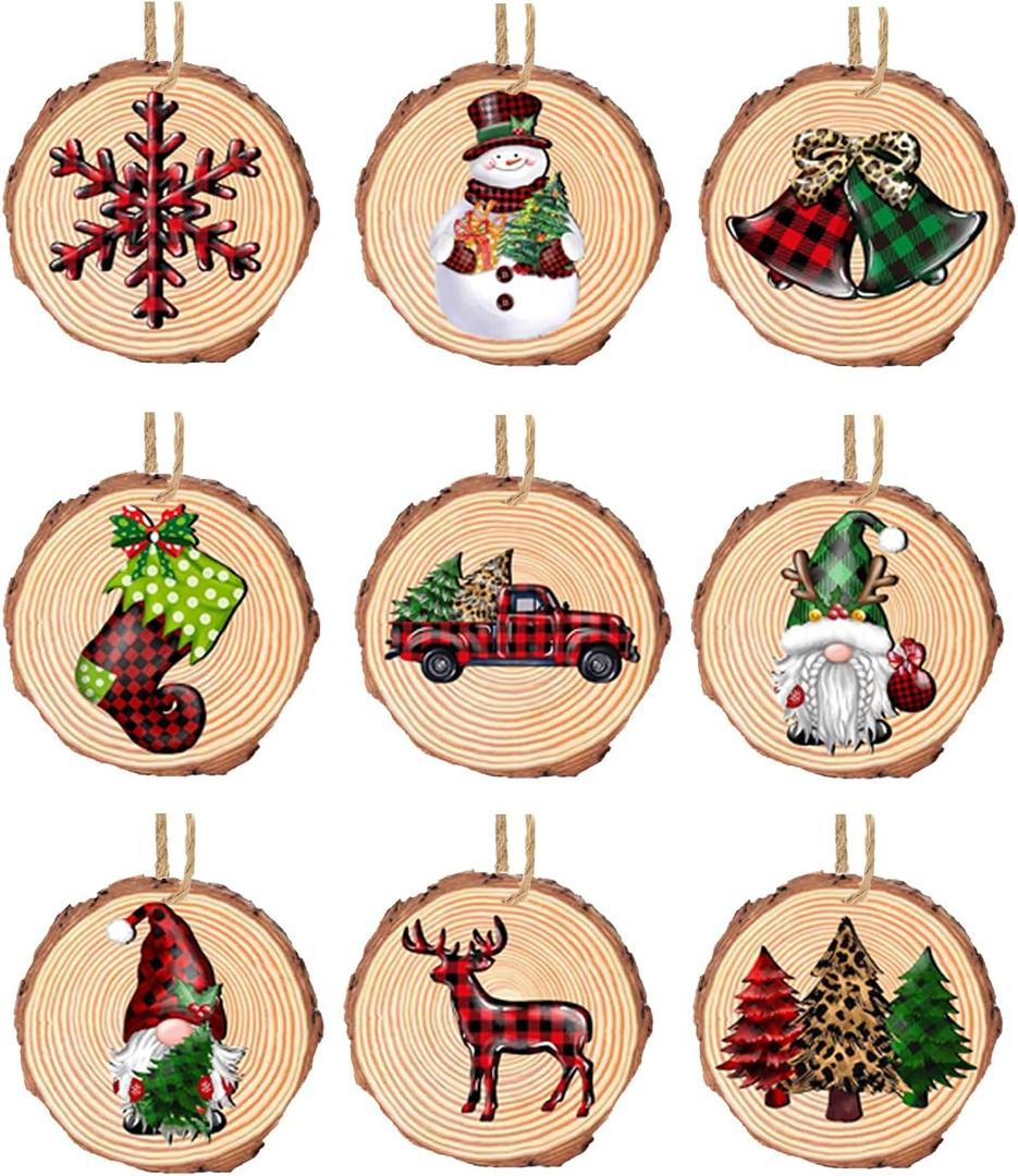 Wooden Christmas Tree Hanging Ornaments, 9Pcs Snowman Gnome Wood Xmas Ornaments for Tree, 2024 Christmas Decorations Party Supplies