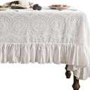 patdrea Vintage Ruffle Tablecloth for Rectangle Tables,Farmhouse Embroidered Cotton White Lace Table Cloth Cover Decor for Dining Room Wedding Banquet Thanksgiving Christmas,63"*98"