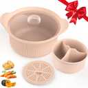 42oz Microwave Silicone Steamer 3 Compartmented for Vegetables/Fish/Baby Food, 4 in 1 Microwave Pot with Handle, Lid, Basket, Recipe ,Oven & Dishwasher Safe, Easy Clean, Korea Design 100% Food Grade (Pink)