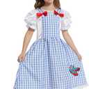 Kids Girls Wizard Costume Fancy Dress Plaid Print Puff Sleeves Gingham Dress (7-8 Years)