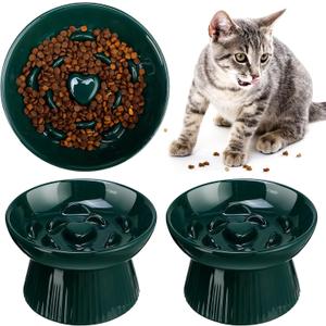 Tioncy 2 Pcs Raised Cat Slow Feeder Bowl Ceramic Elevated Cat Dog Food Bowl No Spill High Edge for Dry Wet Food and Water Easy to Clean, Dishwasher Safe (Dark Green)