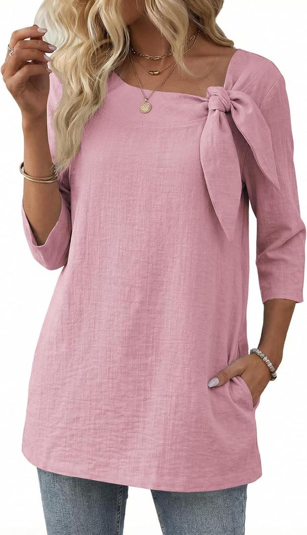 Summer Tunic Tops for Women 3/4 Sleeve Linen Blouse with Pockets & Bow Tie Neck Ladies Tops for Brunch Casual Wear (Large, Pink)