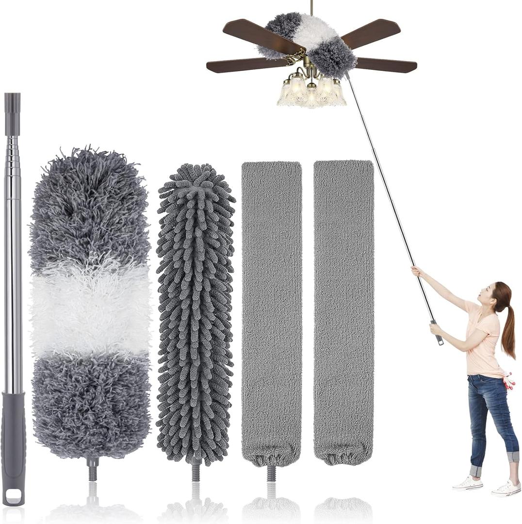 Dusters for Cleaning, Retractable Microfiber Gap Dust Cleaner with Extension Pole 30'' to 100'', Reusable Bendable Long Handle Feather Duster Kit for Cleaning High Ceiling Fan, Furniture, Blinds, Car (Gray)
