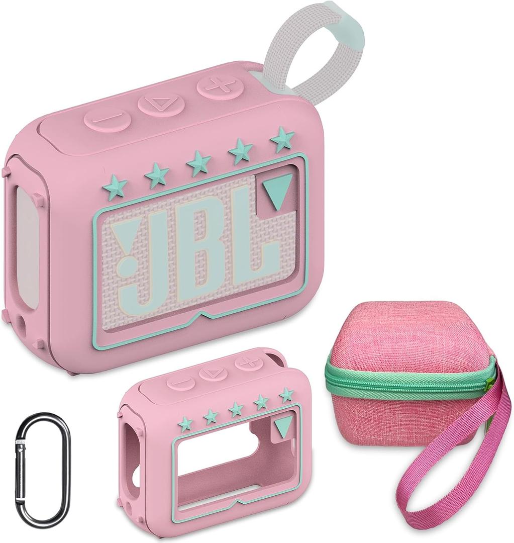 JCHPINE Silicone Cover and Hard Travel Case for JBL Go 4 Ultra Portable Bluetooth Speaker, Accessories for JBL Go 4 Pro Sound Bluetooth Speaker Stand Up Holder (Pink Case)