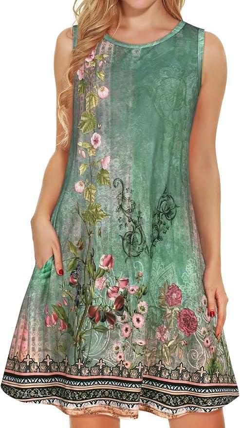 elescat Women's Summer Dresses 2026 Beach Casual Sleeveless Floral Print Tank Loose Sundress with Pocket L