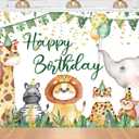 7x5ft Safari Jungle Animals Happy Birthday Backdrop Tropical Leaves Decor Banner Backdrop for Boy and Girl Birthday Baby Shower Decoration Photography Props