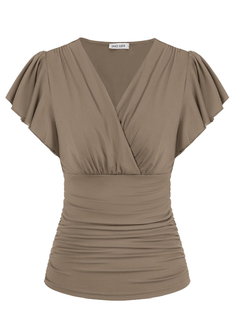 GRACE KARIN 2025 Womens Tops Summer Wrap Blouse V Neck Ruffle Sleeve Dressy Casual Top Ruched Trendy Clothes, Size Large