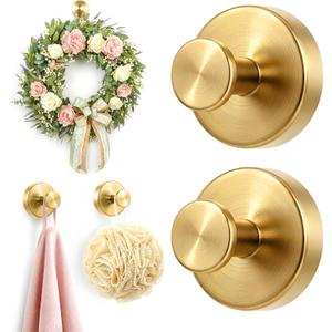 Upgraded Suction Cup Hooks for Shower, Heavy Duty Removable Towel Hooks for Bathroom Glass Door Wall, Stainless Steel Shower Hooks for Towel & Loofah (2 Pack, Gold)